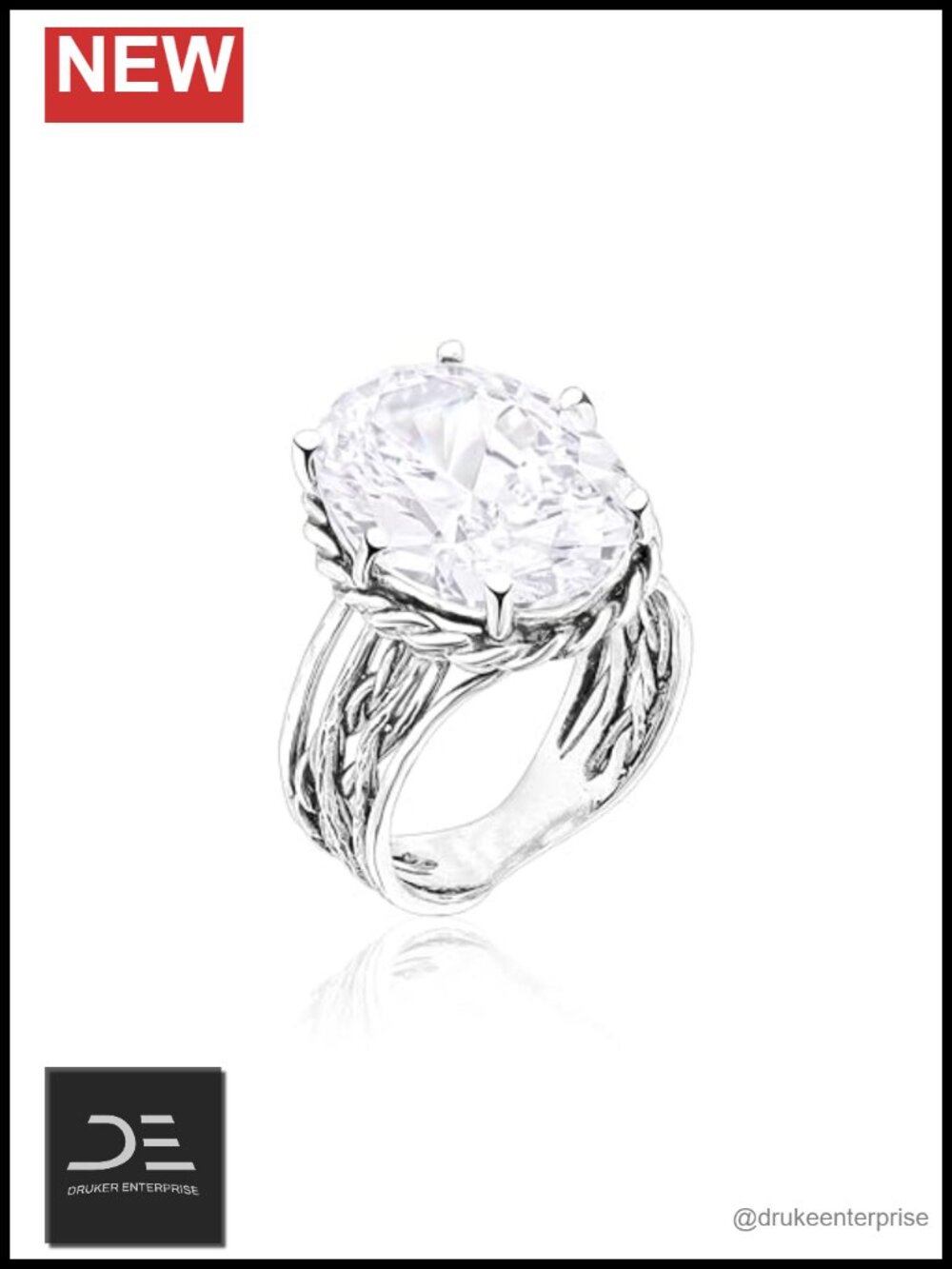 925 Sterling Silver Oval CZ Statement Ring, Braided Wrap Ring, Cubic Zirconia